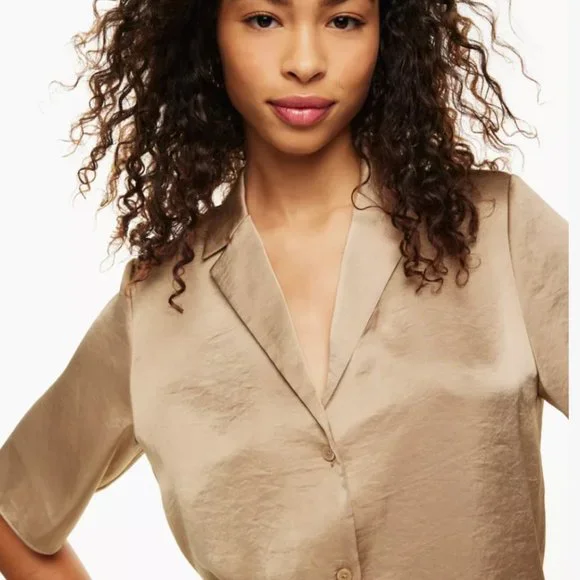 SHORT-SLEVEE SATIN BUTTON-UP BLOUSE - Picture 5 of 7